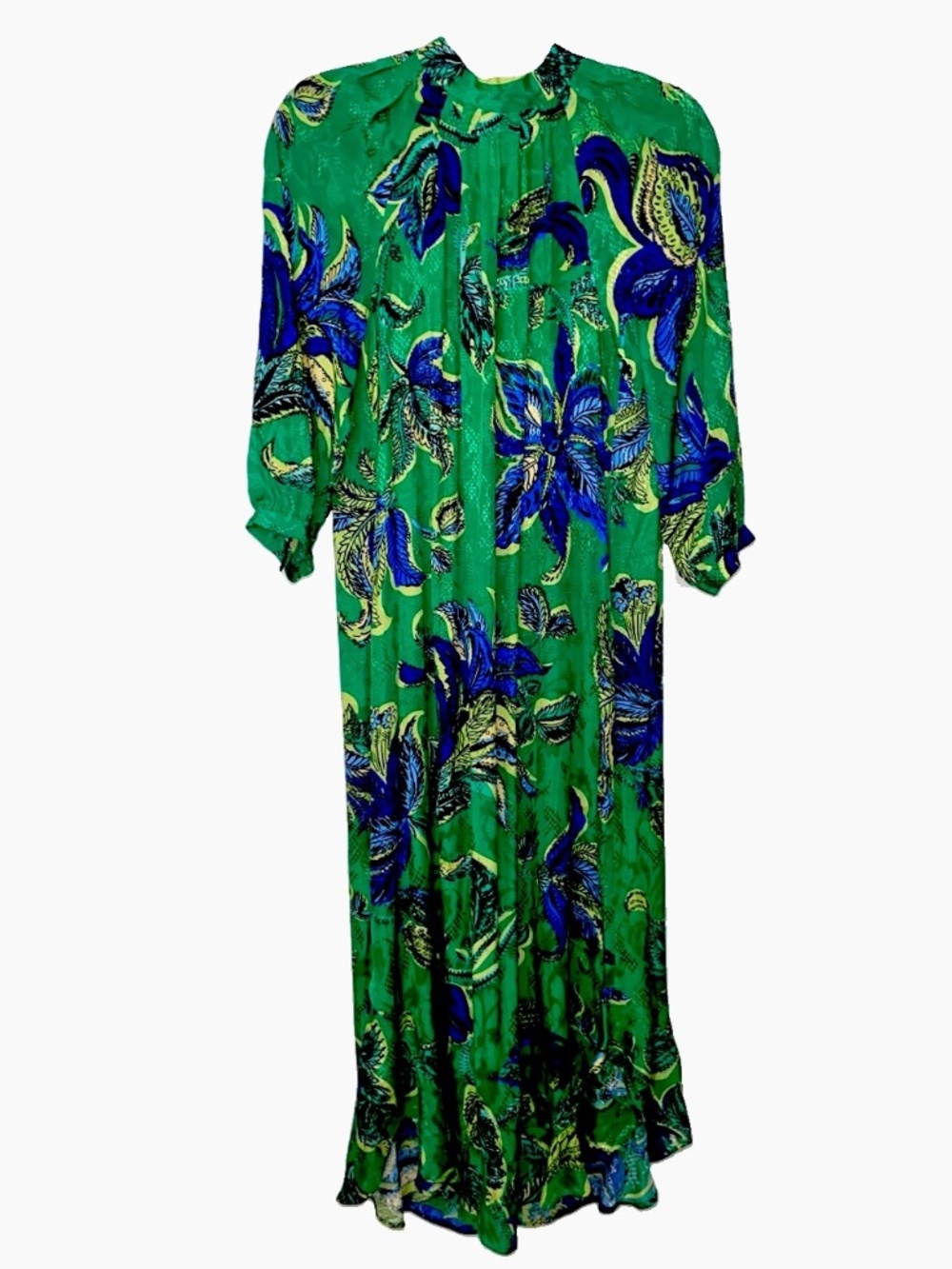 Anthropologie Maeve Midi Dress M Green Blue Feather Artsy Rich Satiny Elegance